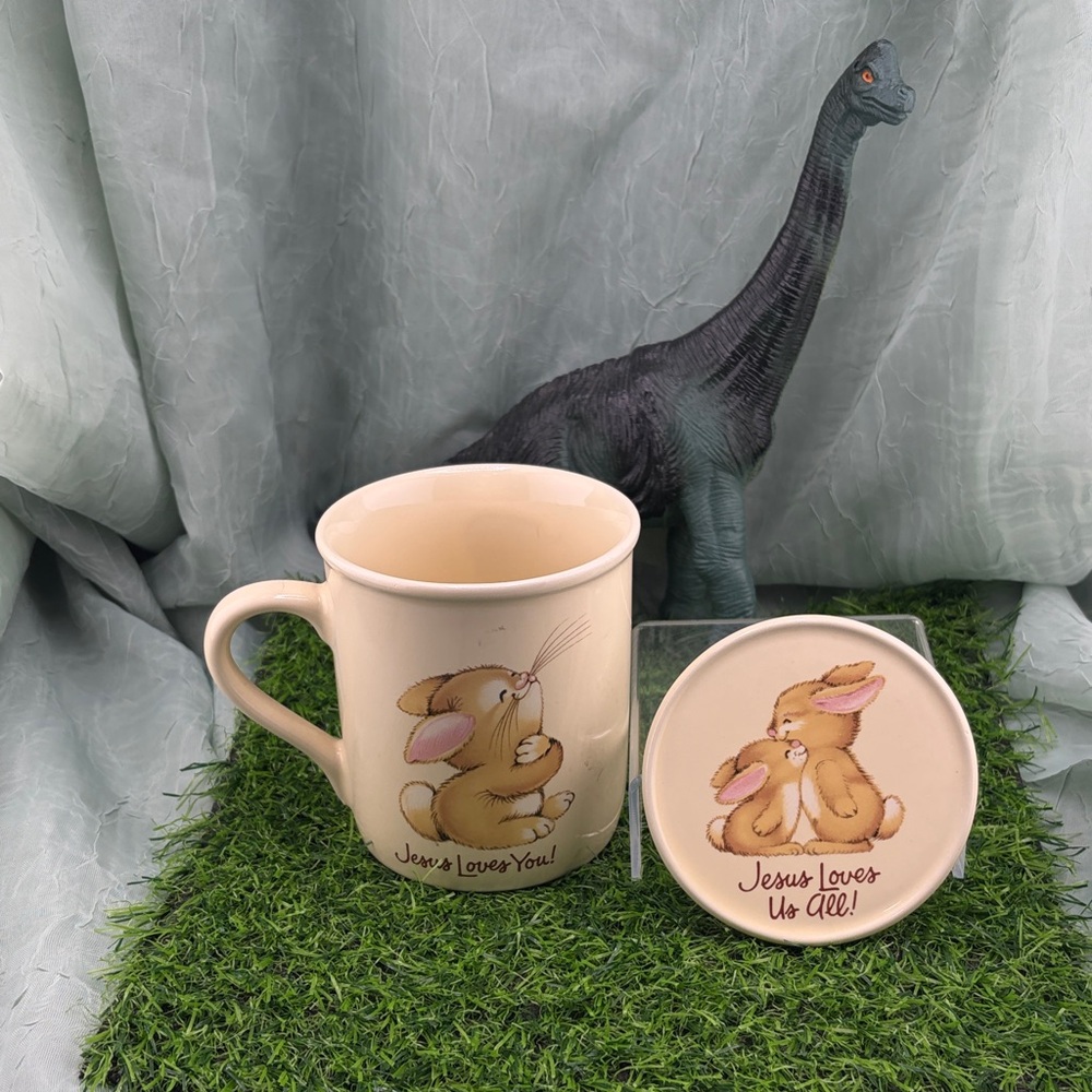 Vintage Hallmark Bunny Mug and Coaster Set - "Jesus Loves Me/You/Us All"